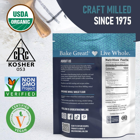 2 Lb Great River Organic Milling Organic Whole Wheat Flour | Unbleached & Unbromated | High Protein & Fiber | Non-GMO