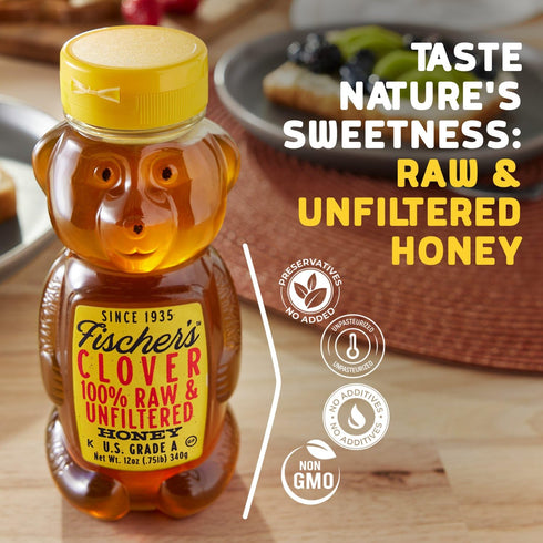 12 Oz 100% Fischer's Clover Honey, Pure, Raw & Unfiltered Honey Squeezable Bear Bottle Gluten-Free, Non-GMO All-Natural
