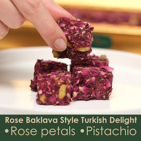 OZ ERCIYES 17.6 oz (500g) Turkish Delight with Rose Petals and Pistachio Soft Lokum Candy, Gourmet Turkish Sweets Gift