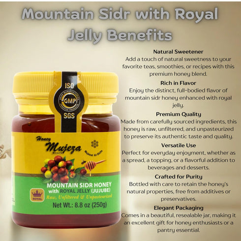 100% (250g/ 8.8 oz) Authentic Mountain Sidr Honey with Royal Jelly Jujube Honey, Supports Mental Health, Memory
