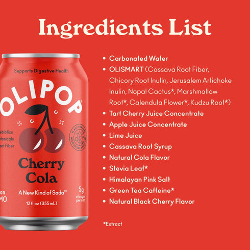12 oz OLIPOP Prebiotic Soda Pop, Cherry Cola, Prebiotics, Botanicals, Plant Fiber, fl can