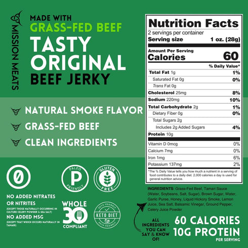 100% 10g 30 2oz (Pack 6) Mission Meats Beef Jerky, Original, Grass Fed Beef, Protein per Serving, Delicious & Tender