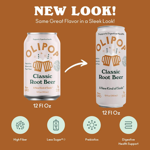 Pack Packed 12oz (12-Cans) OLIPOP Prebiotic Soda Pop, Classic Root Beer, Pantry with Prebiotics, Fiber, and Botanicals