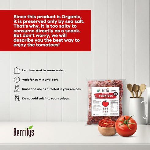 2 LBS, Sun-Dried Tomatoes, USDA Organic, Berrilys, No Sulfur, No Preservatives, Seasalt is used as natural