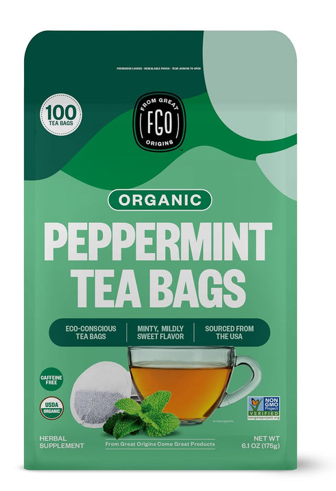 FGO Organic Peppermint Tea, 100 Count Eco-Conscious Tea Bags, Caffeine Free, Packaging May Vary