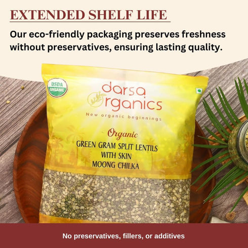 2 lb Darsa Organics Mung Split Lentils with Skin, Moong Dal with Skin - USDA Organic Green Lentils, Non-GMO, Kosher