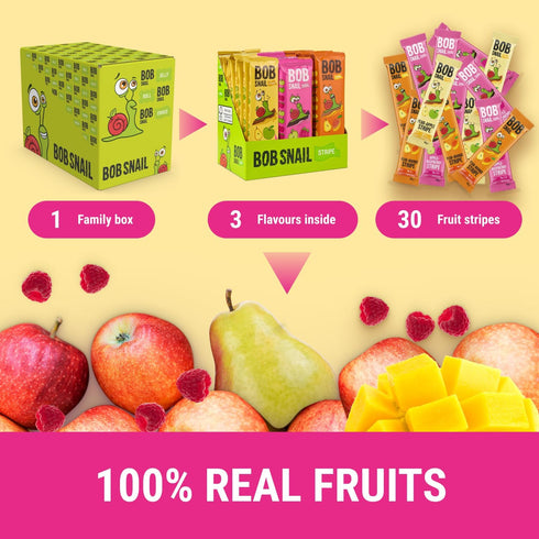 30 Pack BOB SNAIL Healthy Fruit Snacks for Kids and Adults Fruit Leather Snacks with Pear-Apple, Raspberry, Mango Vegan