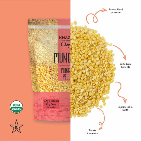 7lb Khazana ORGANIC Mung Dal - Yellow Petite Split Beans | Non-GMO, Gluten Free & Kosher | Authentic Lentils From India