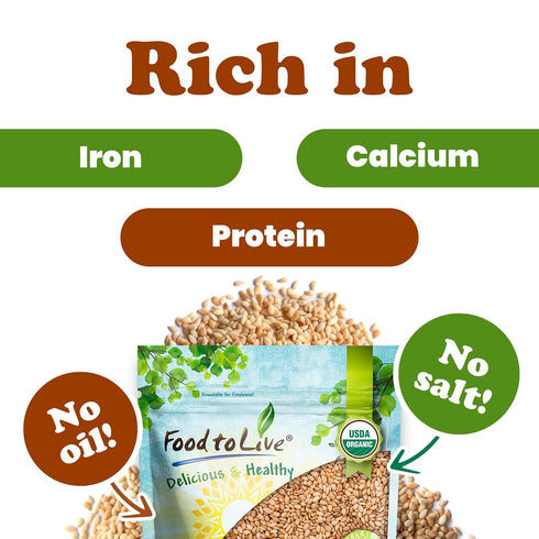 4 Food to Live Organic Toasted Hulled Sesame Seeds, Pounds Crunchy and Nutritious Snack, Oven Roasted, Unsalted, No Oil