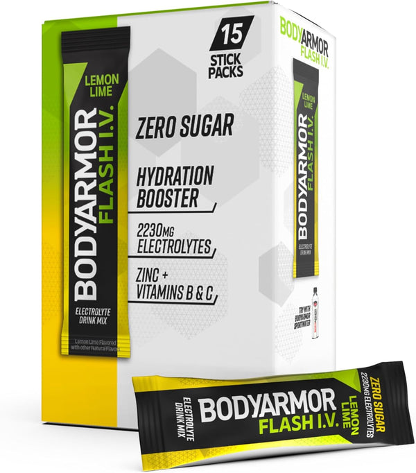 BODYARMOR Flash IV Electrolyte Packets, Lemon Lime - Zero Sugar Drink Mix,