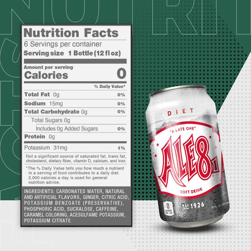 8 12 Pack, 12 Oz Pack 12 Ale One Ginger Ale Soda with a Caffeine Kick & Hint of Citrus - Original Flavor - Zero Sugar