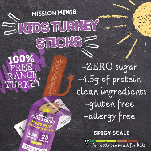 100% 9g 0.5oz (24ct Mission Meats Kids Turkey Sticks, Free Range, Healthy Snacks for Kids, Zero Sugar, Protein per