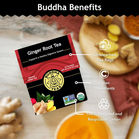 Buddha Teas Organic Ginger Root Tea - Herbal Tea for Health & Wellbeing - Caffeine Free, 18 Tea Bags