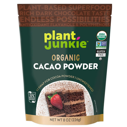 Plant Junkie Organic Cacao Powder, 8 oz - Unsweetened, Rich Dark Chocolate