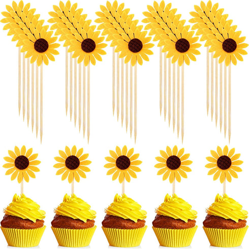 60 Pieces Sunflower Cupcake Toppers, Yellow Flower Cake Picks for Wedding Party Supplies