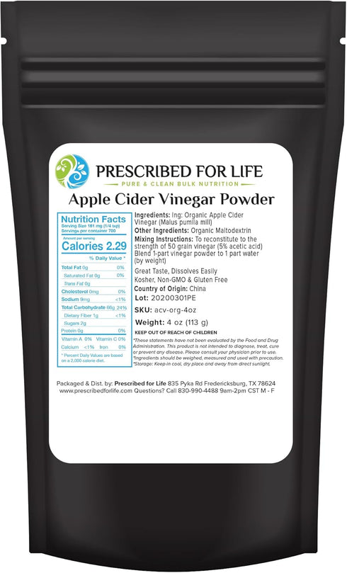 Prescribed For Life Apple Cider Vinegar Powder, Organic ACV, Spray Dried, Gluten