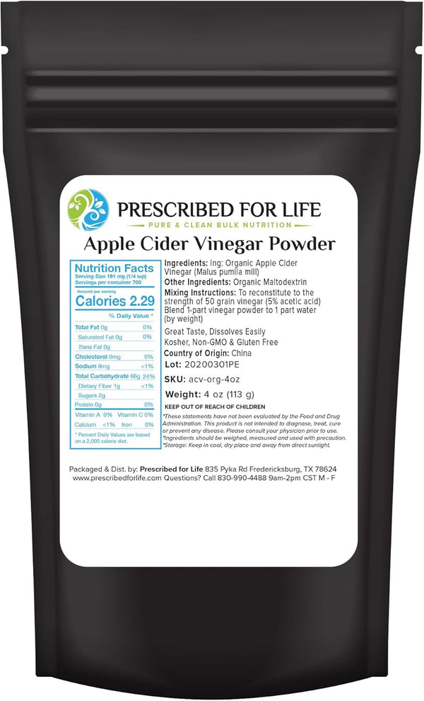 Prescribed For Life Apple Cider Vinegar Powder, Organic ACV, Spray Dried, Gluten