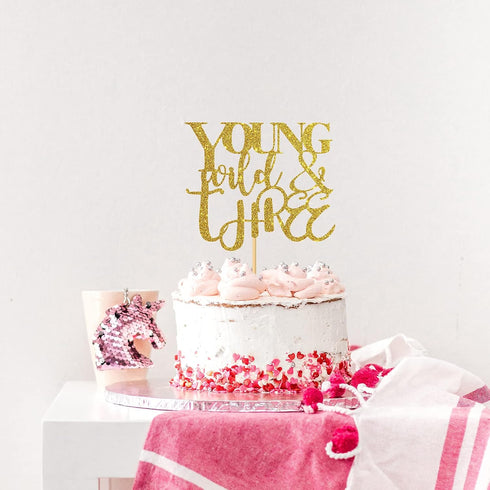 WeBenison Young Wild & Three Cake Topper - Happy 3rd Birthday Decorations for Boy or Girl, Gold Glitter