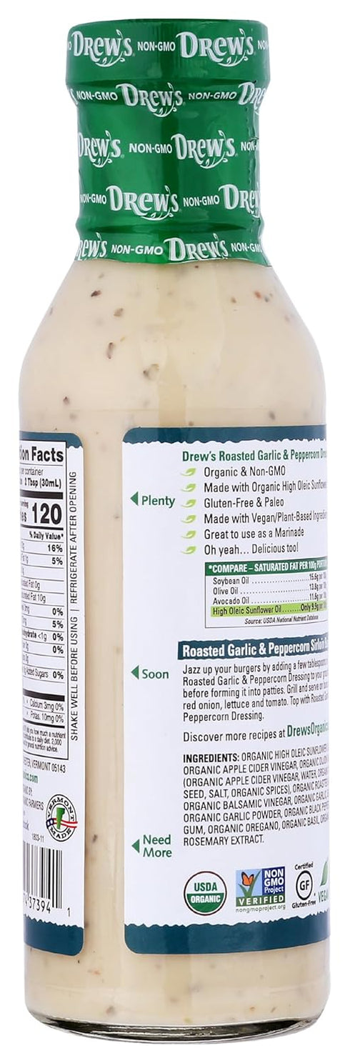 Drew's All Natural 10 12-Ounce Drew's All-Natural Salad Dressing and Minute Marinade, Roasted Garlic & Peppercorn