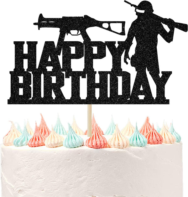 PUBG Happy Birthday Cake Toppers - Video Game Themed Birthday Party Decorations Picks for Kids Black Glitter