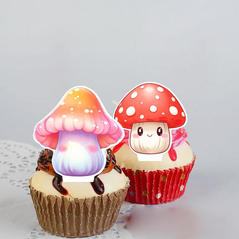 iPartyFun 48Pcs Summer Mushroom Theme Cupcake Toppers mushroom Birthday Party Decorations Woodland Cake Topper