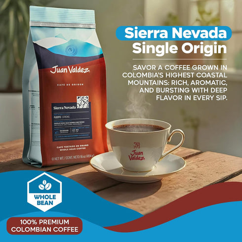 100% 16 oz 454 Juan Valdez Sierra Nevada Whole Bean Coffee | Colombian Coffee | Single Origin with Notes of Chocolate