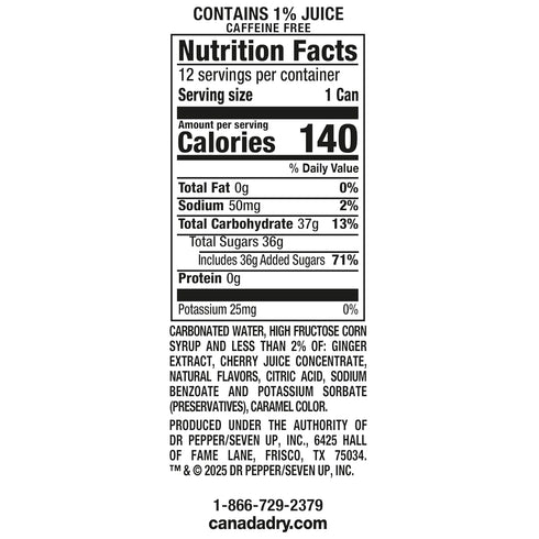 12oz, Pack 12 Canada Dry Cherry Gingerale Fruit Splash