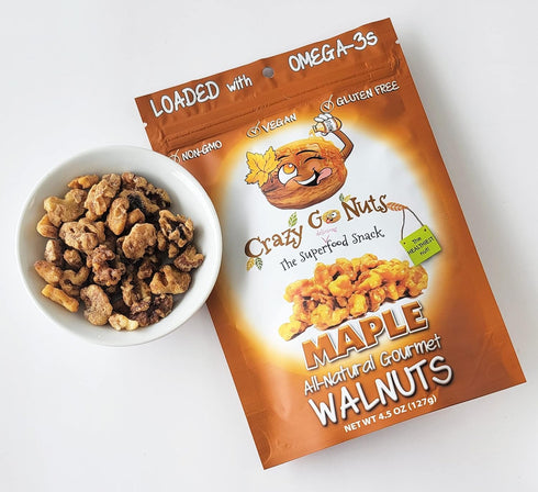 4.5 oz (6-Pack) 3 Crazy Go Nuts Walnuts - Maple, - Healthy Snacks, Vegan, Low Carb, Gluten Free, Superfood - Natural
