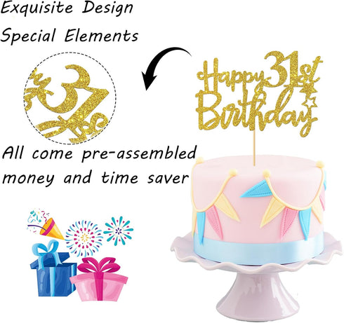 Gold Glitter 31st Birthday Cake Topper - Cheers to 31 Years Party Supplies - Happy 31 Sign Decoration