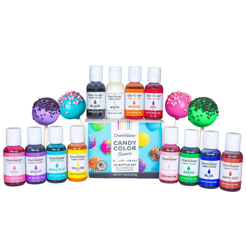 Chefmaster 12 Bottle Set of Candy Colors, True-Tone Shades, Oil-Based, Professional-Grade Dye,
