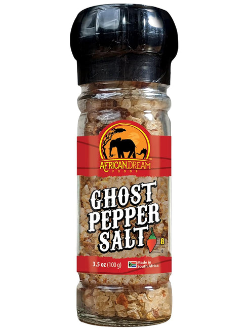 Ghost Pepper Spicy Salt with Reusable Grinder by African Dream Foods, All-Natural Dried Ghost Peppers Infused