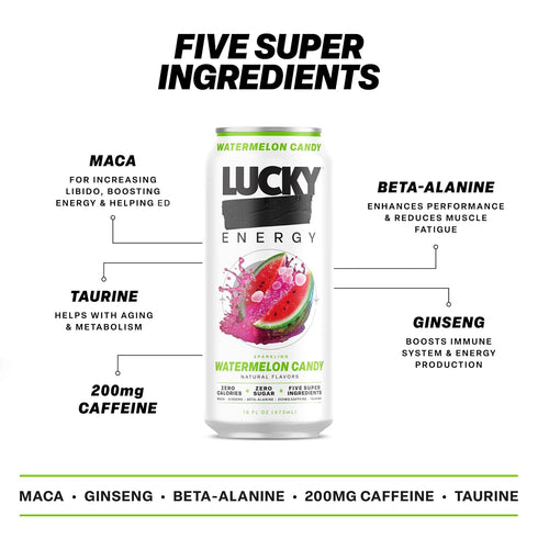 16oz (12-Pack) 200mg Lucky Energy Sugar Free Energy Drinks, Watermelon Candy, Cans Healthy, Zero Sugar Energy Drink