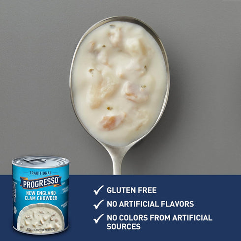 18.5 oz (Pack 12) Progresso New England Clam Chowder Soup, Traditional Canned Soup, Gluten Free