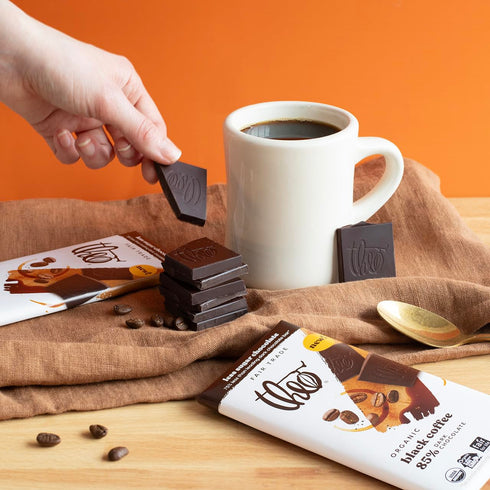 85% 6 Pack Theo Chocolate Black Coffee, Organic Dark Chocolate Bar, Cacao, | Vegan, Fair Trade