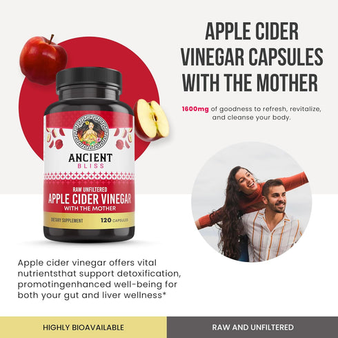 1600MG (120 Ancient Bliss Apple Cider Vinegar Organic Capsules with The Mother, Helps Improve Digestion, Unfiltered