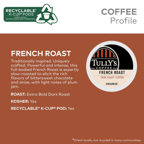 60 Count, (6 Packs 10) Tully's Coffee French Roast, Keurig Single Serve K-Cup Pods, Dark Roast Coffee
