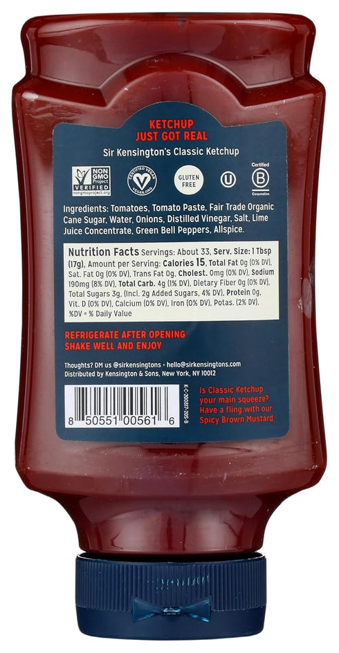 20 oz Sir Kensington's Classic Ketchup, From Whole Tomatoes, No High Fructose Corn Syrup, Gluten Free, Certified Vegan