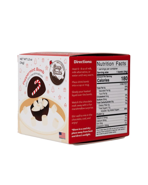 COCOA BOMBS 1 PACK U.S. MADE PEPPERMINT HOT COCOA BALL W/MINI WHITE MARSHMALLOWS