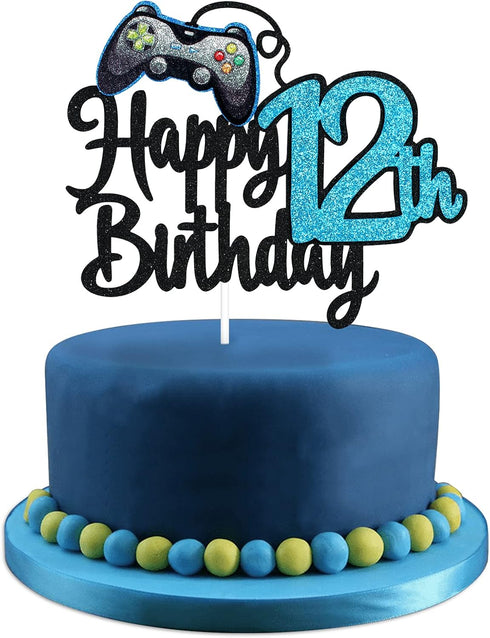 Video Game Happy 12th Birthday Cake Topper - Blue Cake Supplies for Boy's 12th Birthday Party - Game On Level Up