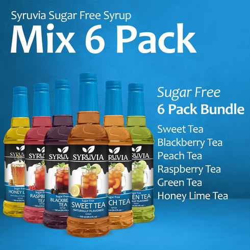 Pack 25.4 Oz (6 Pack) Syruvia Sugar Free Tea Syrup Variety Sweet Tea & Fruit Flavored Water Enhancer Drink Mix for Iced