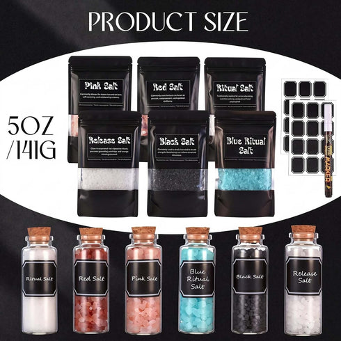 ElaraBerry 6 Pack Pack Ritual Salt Starter Collection with Dispensing Bottles Chalkboard Labels for Ceremony and Spell