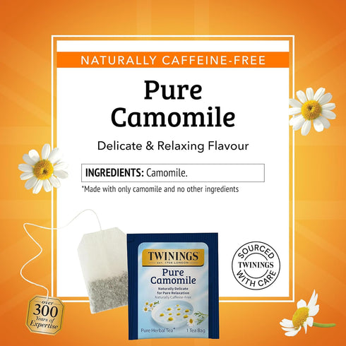 100 Count (Pack 1), 100 Twinings Pure Camomile Herbal Tea Individually Wrapped Bags, of Delicate for Pure Relaxation