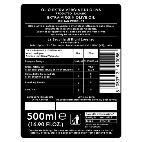100% 500ml La Secchia - Italian Extra Virgin Olive Oil, Olives Grown Near Lake Garda, Flavorfull, Fruity, Bitter, Extra