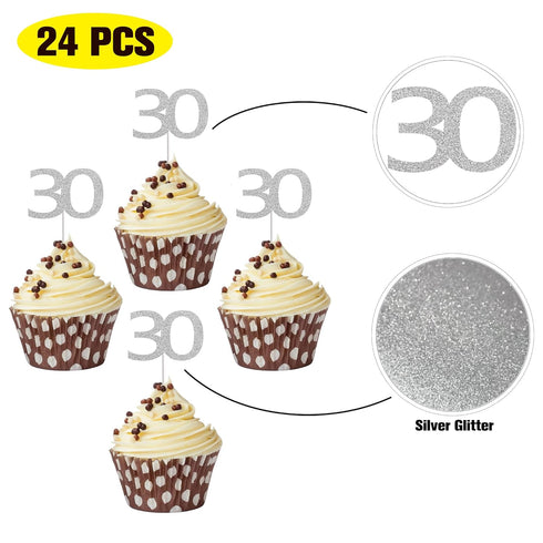 Sumerk 24PCS Silver Glitter Cupcake Toppers, 30th Birthday Picks, Anniversary Party Decorations