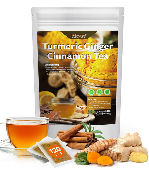Rlvym 120 Bags Turmeric Ginger Cinnamon Tea, Natural Turmeric Herbal Tea, Improve Digestion,