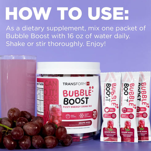 21 Packets TransformHQ Bubble Boost Fizzy Energy Drink Mix (Grape Soda Flavored)