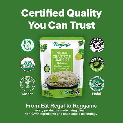 8g 6g 7 1.5 8.8 oz Pack 6 Reganic Cilantro & Lime Rice Pouch, USDA Organic, Zesty Global Flavor, Protein & Fiber, Made