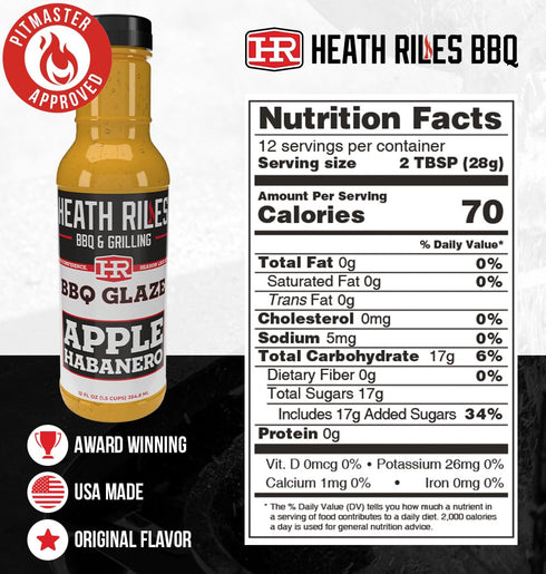 80+ 12 oz Heath Riles BBQ Apple Habanero BBQ Glaze Apple BBQ Sauce, Sweet & Spicy Rib Glaze for Pork Butt, Ham Glaze