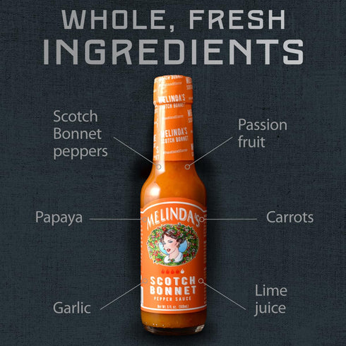 5oz, 4 Pack Melindas Scotch Bonnet Hot Sauce - Gourmet Scotch Bonnet Pepper Sauce - Made with Fresh Peppers, Carrots