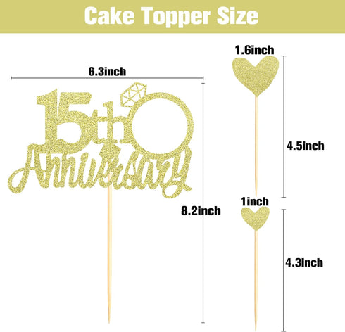 Sumerk 15th Anniversary Cake Topper, 13pcs Gold Glitter Cake Decorations with Small Heart for Celebration